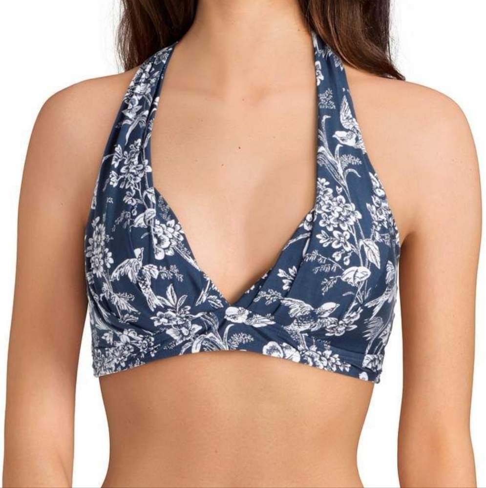 NWT Antonio Melani Take Wing Molded Halter Swimsuit Top Blue White Floral Bird L